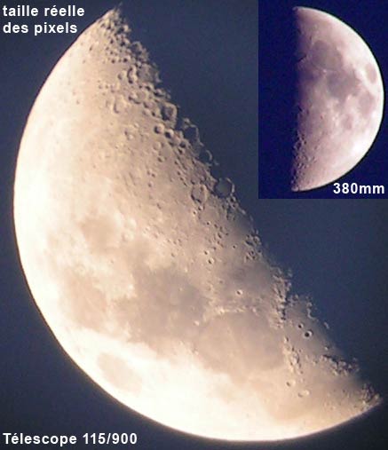 Lune à focale maxi et à travers un télescope